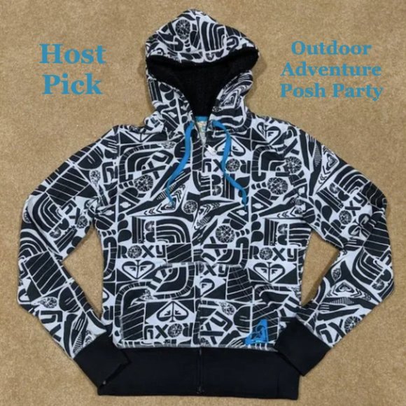Roxy Black & White Patterned Zip Up Hoodie w Teal Accents - Picture 1 of 8